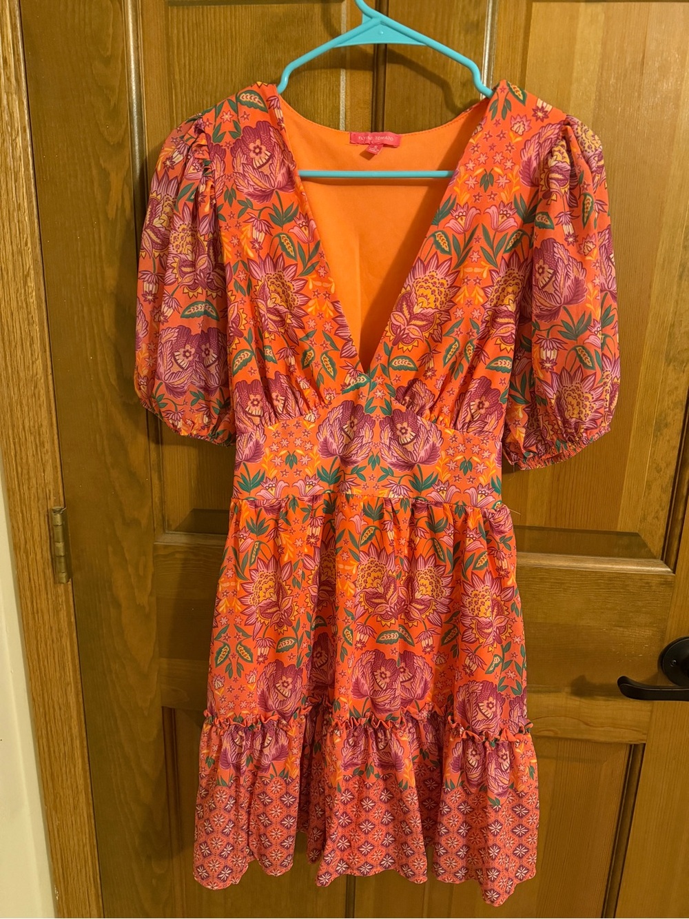Flying Tomato Boho Floral Puff Sleeve Mini Dress Orange Small, fits like XS